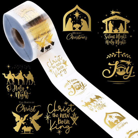 AnyDesign 1000Pcs Clear Christmas Stickers Roll Gold Foil Nativity Scene Stickers Xmas Winter Holiday Round Adhesive Label Stickers Decal for Xmas Envelopes Invitations Cards Gifts Decor, 6 Designs