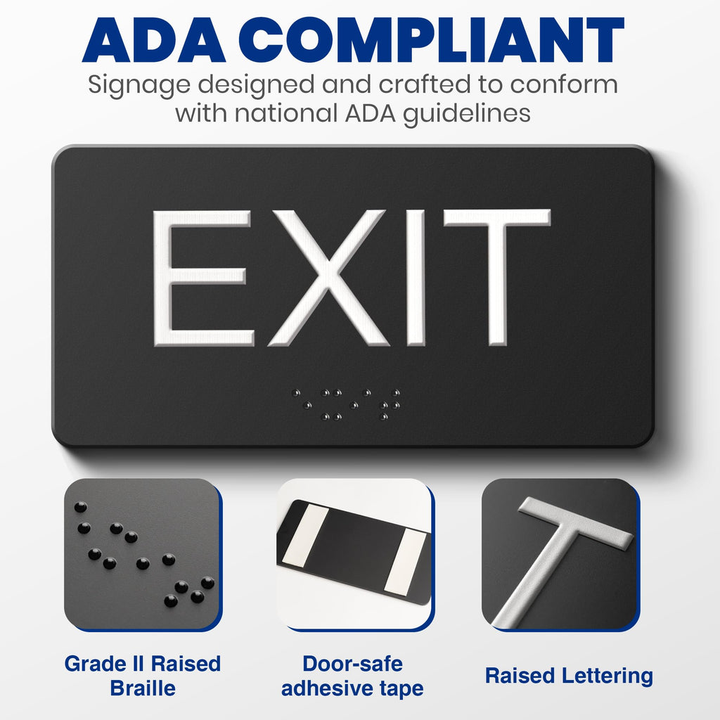 ADA Compliant Exit Signs- 2 Pack Exit Sign with Braille and Raised Letters Emergency Exit Sign for Business Office Public Space Indoor/Outdoor Easy Adhesive Install Acrylic Horizontal 6.3”×2.9” 2pk-horizontal