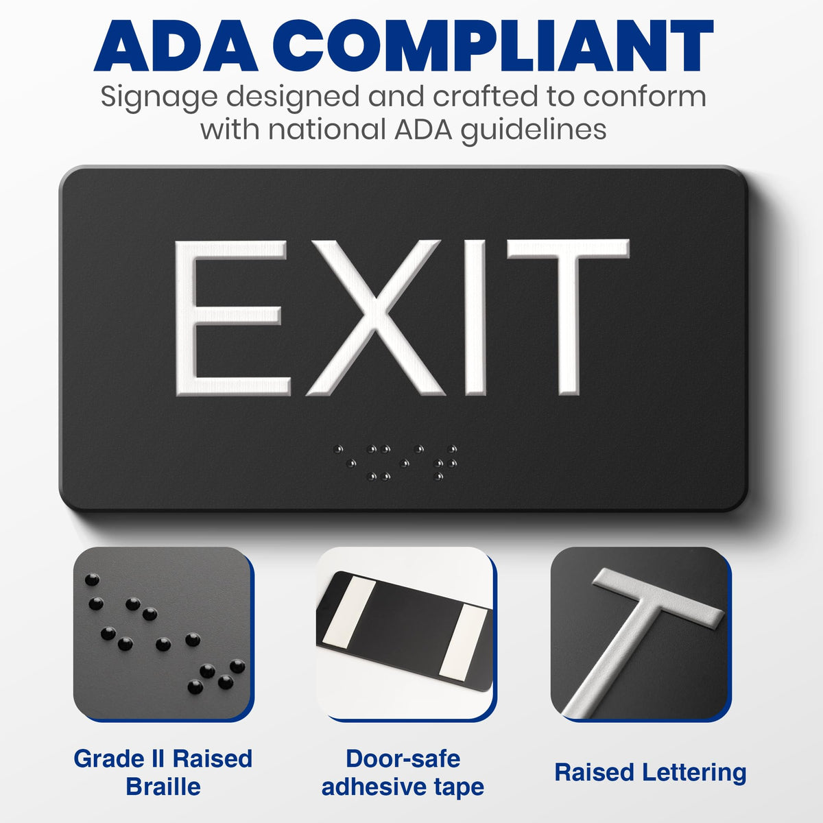 ADA Compliant Exit Signs- 2 Pack Exit Sign with Braille and Raised Letters Emergency Exit Sign for Business Office Public Space Indoor/Outdoor Easy Adhesive Install Acrylic Horizontal 6.3”×2.9” 2pk-horizontal
