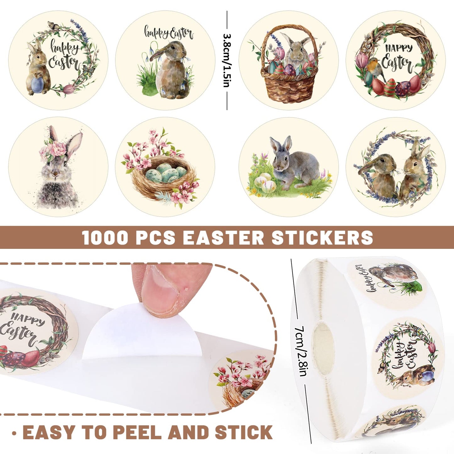 Whaline 1000Pcs Easter Stickers Roll Watercolor Rustic Bunny Round Stickers Rabbit Egg Pattern Label Self-Adhesive Stickers for Easter Holiday Party Boxes Cards Seal Envelopes, 8 Design