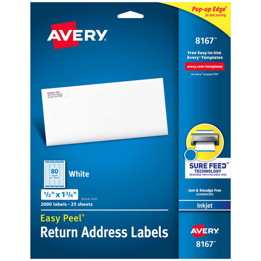Avery® Easy Peel® White Inkjet Address Labels, Return, 8167, 1/2" x 1 3/4", Box Of 2,000 1 Pack