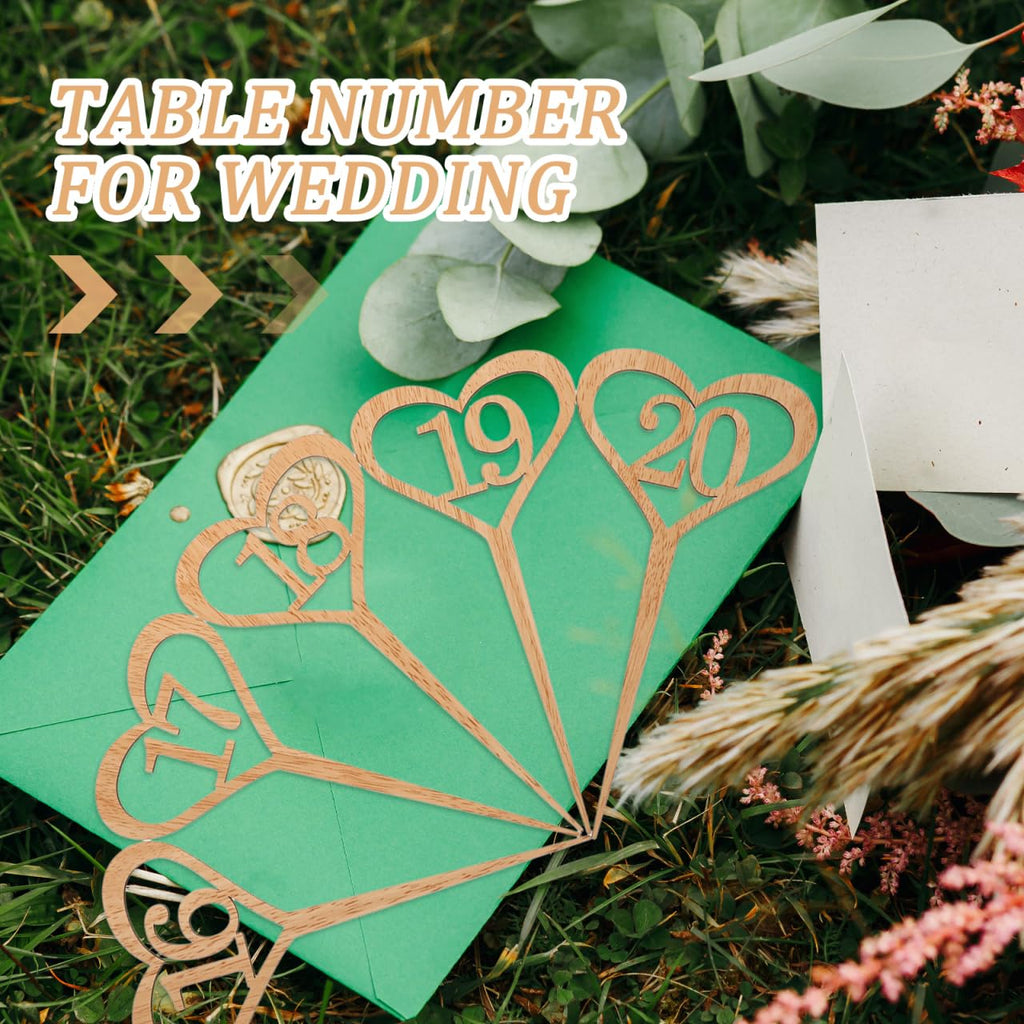 TENDYCOCO Wedding Table Numbers 1-20 Heart Shape Wooden Stick Sign Cards for Reception Seating Flower Arrangement Centerpiece DIY Crafts Party Table Number Sticks