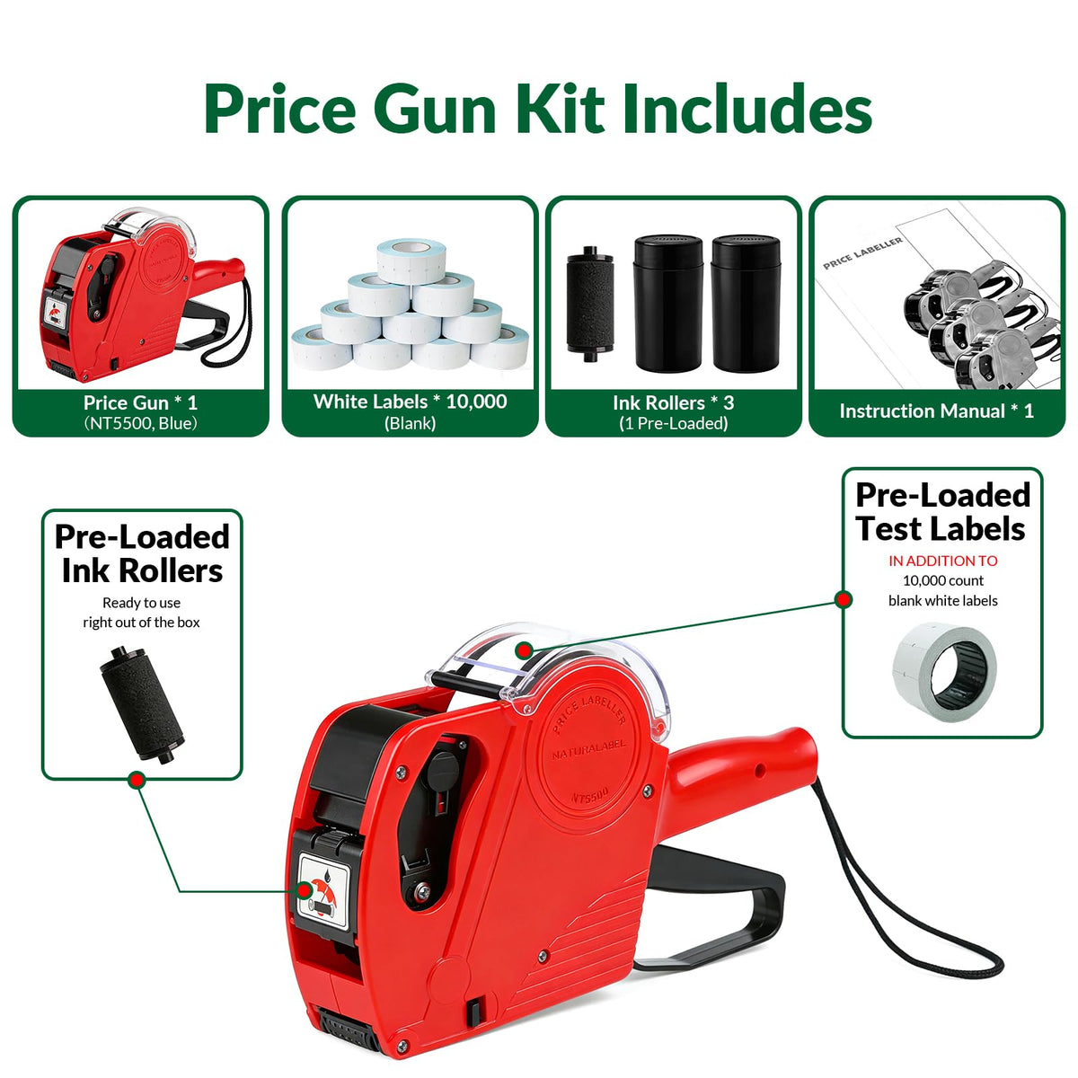 NATURALABEL 1-Line 8-Digit Price Gun Kit (Model NT5500, Red)