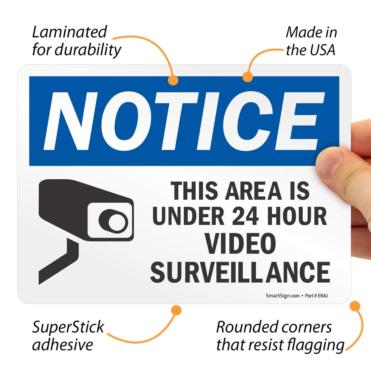 Pack of four 5x7 inch SmartSign surveillance notice stickers with blue, black, and white design, laminated polyester with superstick adhesive.