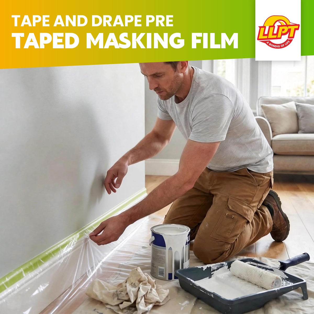 LLPT Tape and Drape 35.4”(Unfolded) x 66 Ft Each 2 Pack Pre-Taped Masking Film 0.31 Mil Painters Plastic Drop Cloth for Auto Wall Furniture Painting Protection (MFTG920) 35.4 Inch x 66 Ft