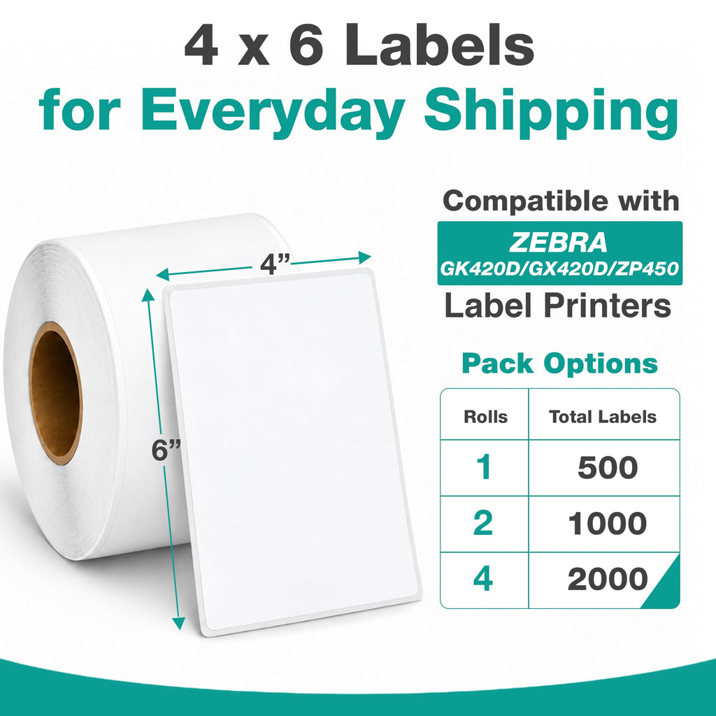 4x6 Thermal Labels Compatible with Zebra GK420d/GX420d/ZP450-500 Labels 1 Roll