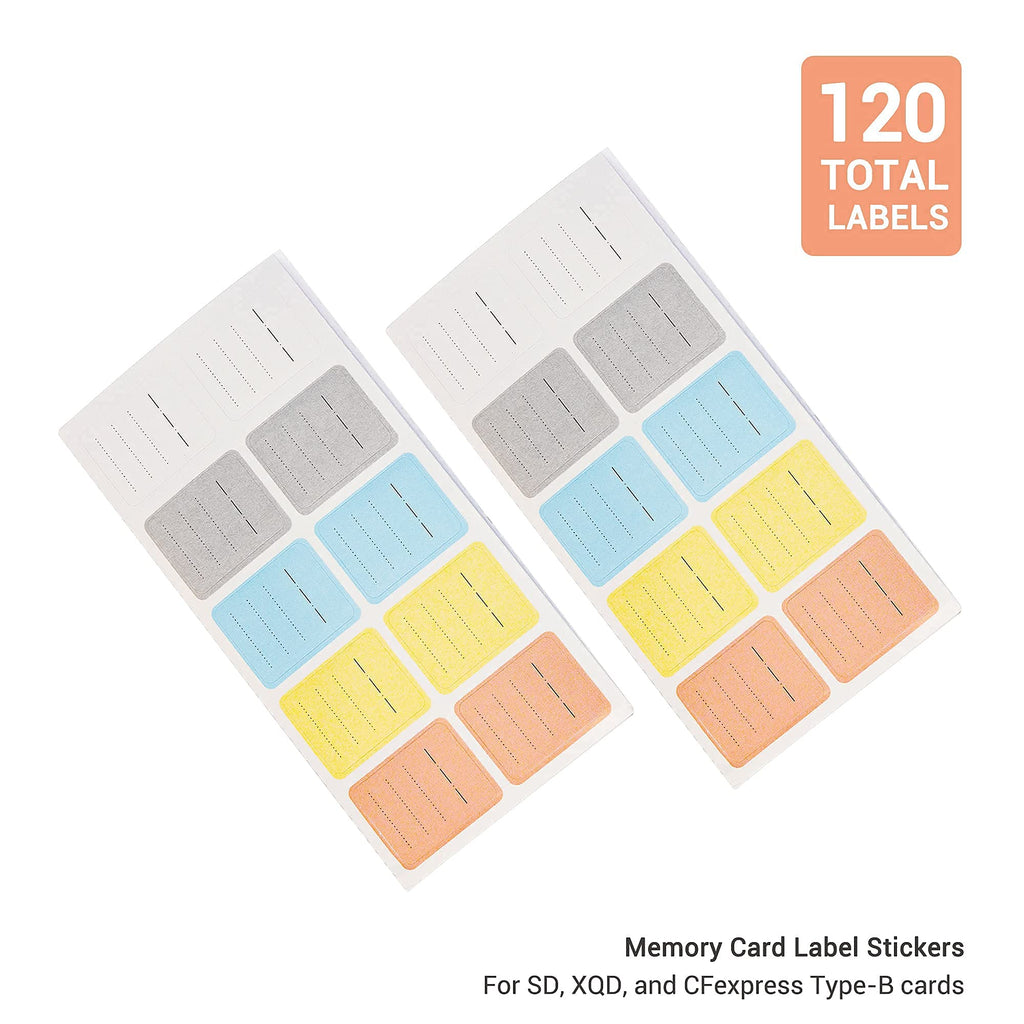 Kiorafoto 120-pack printable adhesive labels for SD, SDHC, SDXC, XQD, CF, CFexpress Type-B memory cards and USB flash drives.