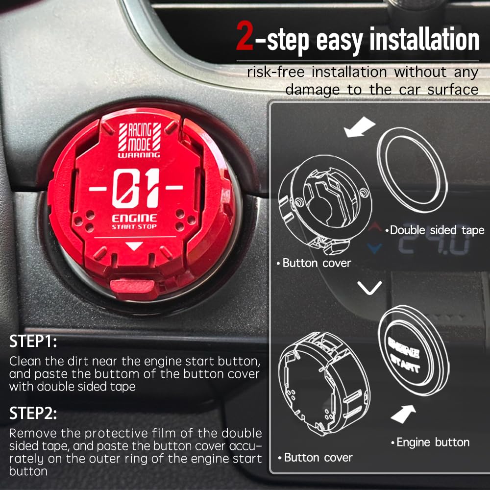 𝙊𝙧𝙞𝙜𝙞𝙣𝙖𝙡 | Push Start Button Cover, Metal Mecha Car Engine Start Stop Button Cover Protector, Cool Car Accessories Interior Decor Sticker Decals Motorcycle Key Ignition Switch Cover, Red B-Mecha-Red