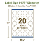 Avery Dissolvable Round Labels, Sure Feed Technology, 1-5/8" Diameter, Matte White, Print-to-The-Edge, Laser/Inkjet Printable, 200 Labels Total
