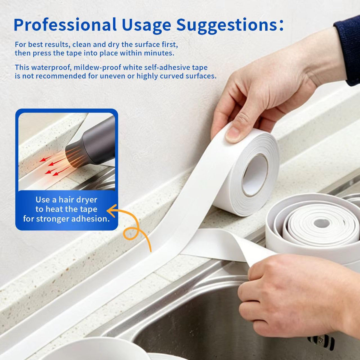 3 Rolls Caulking Tape, Self Adhesive Waterproof Seal Strip for Kitchen Bathroom Sink Tub Toilet, Caulk Sealer Around Base Strip for Wall Corner Edge Protector, 10.5Ft x 1.5In (Clear) Clear