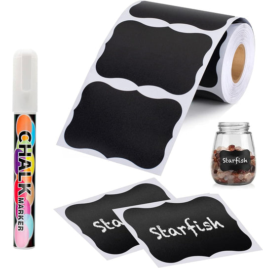 MOTYAWN Chalkboard Labels - Waterproof Blackboard Reusable Sticker Label with 2 Free Erasable Chalk Pen, 158 Pcs Removable Sticker for Mason Jars, Bottle, Craft Rooms, Pantry, Store and Decoration 1 Wavy Sticker