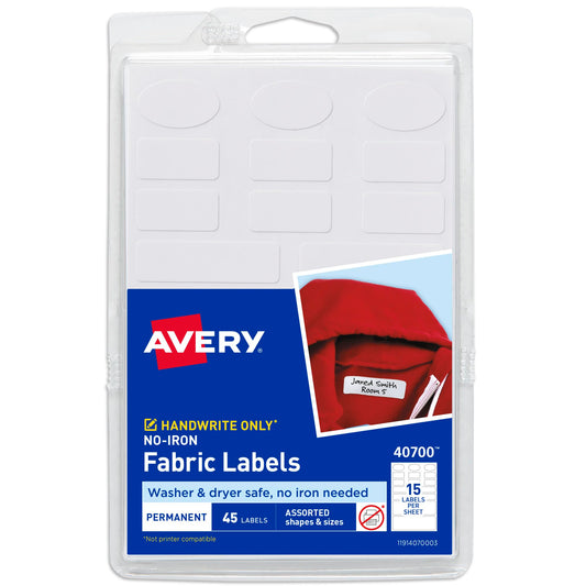 Avery No-Iron Fabric Labels, Assorted Shapes and Sizes, Washer and Dryer-Safe Waterproof Labels, Non-Printable, 45 Blank Labels Total (40700) 45 labels