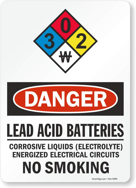 SmartSign "Danger - Lead Acid Batteries, No Smoking" NFPA Label | 10" x 14" Laminated Vinyl Durable Non-Reflective Decal 14" x 10"