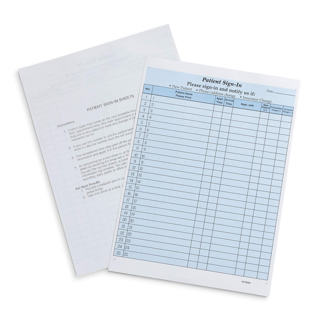 Blue Summit Supplies 25 patient sign-in forms with peel-away adhesive labels, carbonless 3-part medical filing forms in blue.