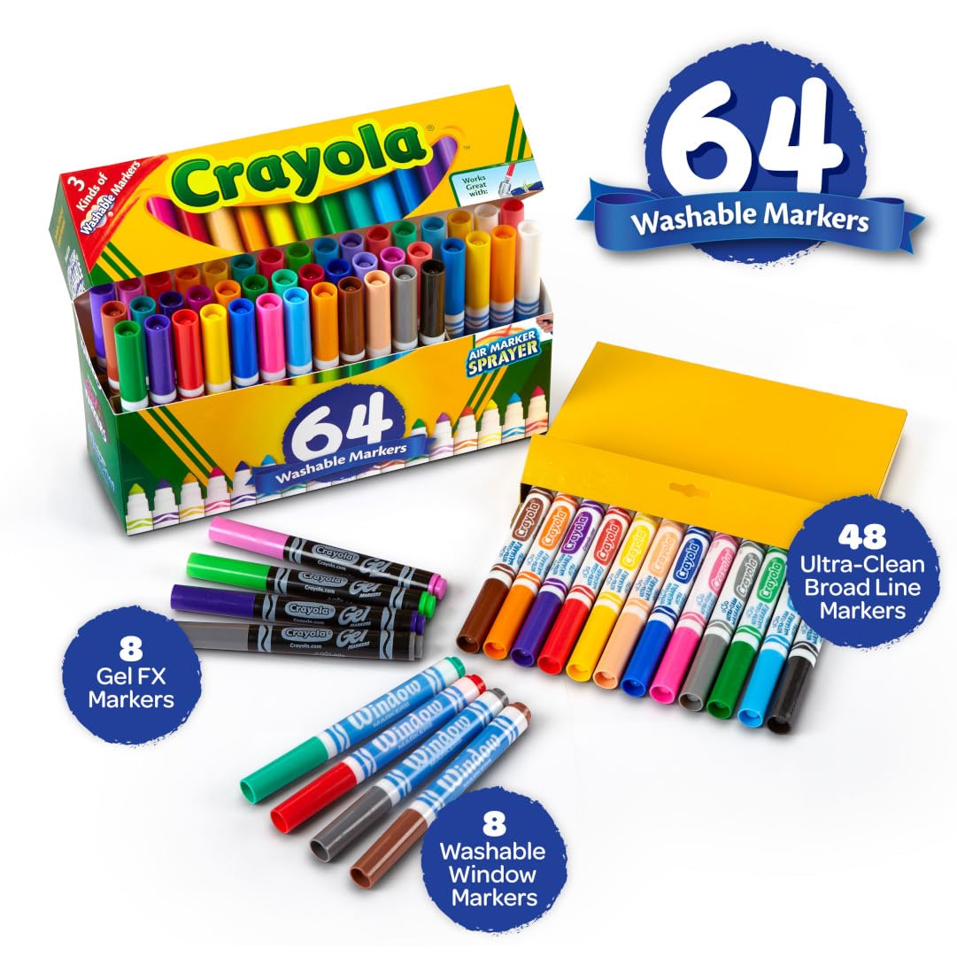 Crayola Washable Broad Line Marker Variety Set (64ct), Teacher School Supplies for Toddlers & Kids, Ultra-Clean, Window, & Gel FX Markers for Kids, 3+ 1 Count (Pack of 1)