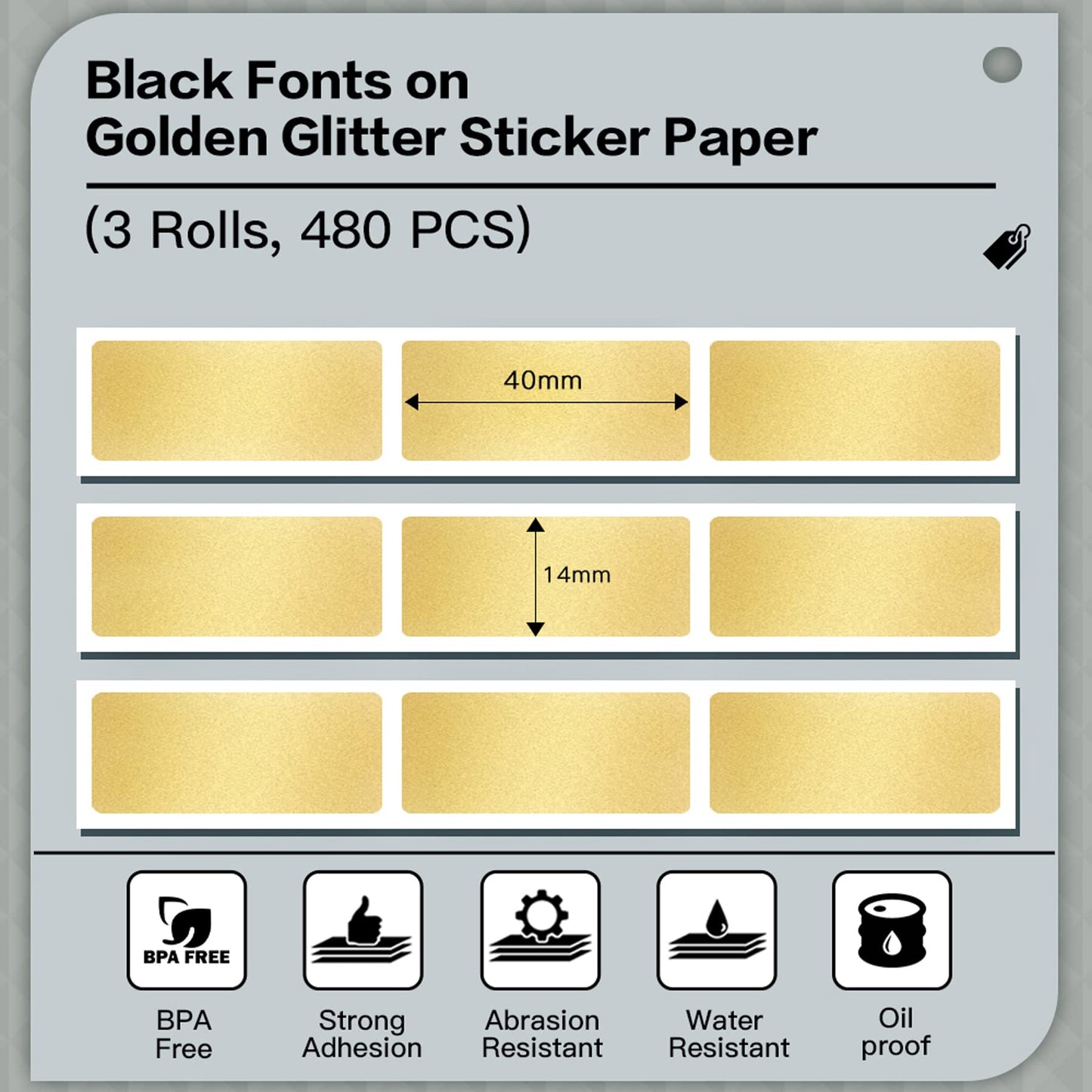 D30 Labels - Gold Glitter Thermal Labels Self-Adhesive Sticker Paper for Home Office Business, Compatible with Memoking/Phomemo D30 Label Maker, 14x40mm/0.55x1.57inch, 3 Rolls