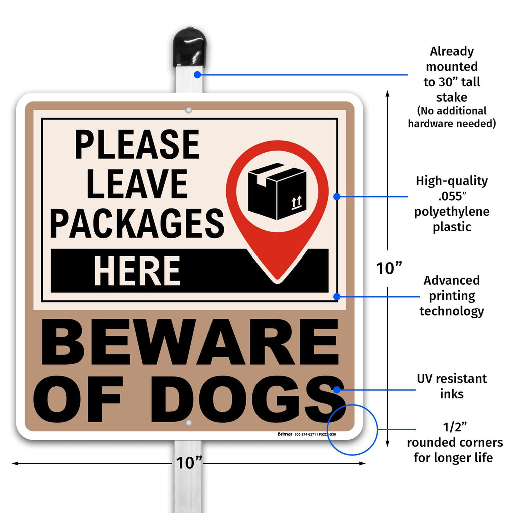 Brimar Leave Packages Here Beware of Dogs Yard Sign 10" with Aluminum Stake