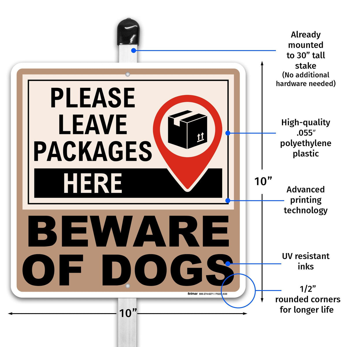 Brimar Leave Packages Here Beware of Dogs Yard Sign 10" with Aluminum Stake