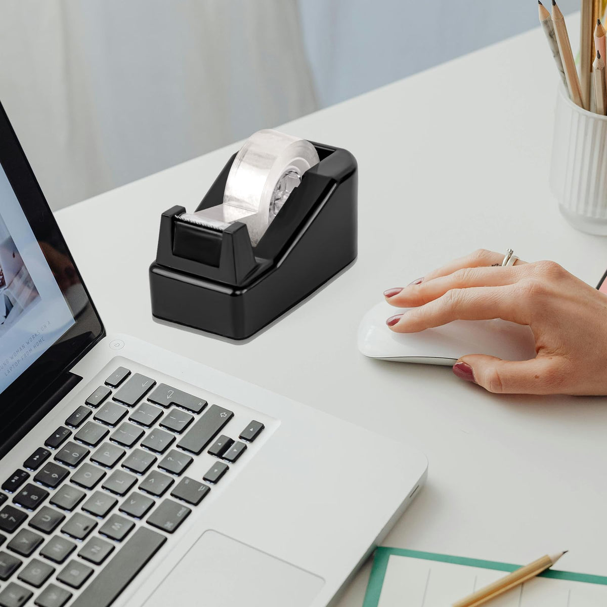 Desktop Tape Dispenser Black with Weighted Nonskid Base - Includes 6 Rolls of Transparent Tape (0.71 Inch x 1000 inches Each) Black (6pcs Tape)