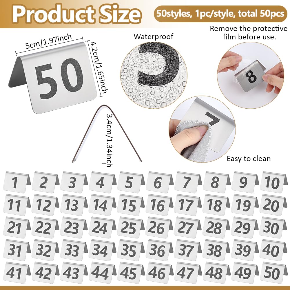FINGERINSPIRE 50 Pcs Stainless Steel Table Order Numbers 1-50 1.97x1.65x1.34 inch Arched Shape Number Holders Restaurant Metal Table Number Signs for Cafe Dining and Banquet Events