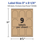 Avery® Kraft Brown Arched Labels, Sure Feed® Technology, 3" x 2.25", 135 Kraft Brown Labels, Print-to-The-Edge, Laser/Inkjet Printable 135 labels