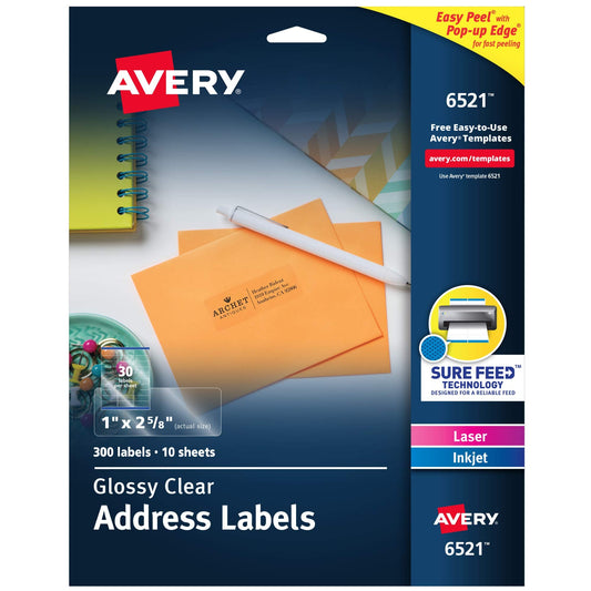 Avery Printable Address Labels with Sure Feed, 1" x 2-5/8", Glossy Clear, 300 Blank Mailing Labels for Laser and Inkjet Printers (6521) 1" x 2-5/8" 300 Labels