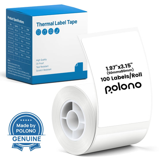 POLONO Thermal Labels for PM220S Label Maker, 1.97"x3.15" (50x80mm), Multi-Purpose Thermal Sticker Label Tape, Self-Adhesive Thermal Paper for Home, Office, 100 Labels/1Roll, White