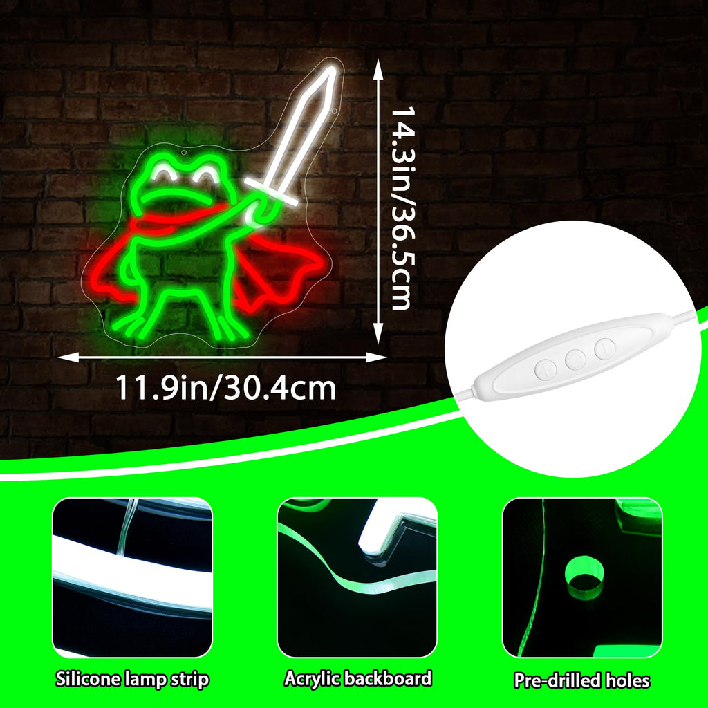 Sword Frog Neon Sign for Wall Decor Dimmable Cartoon Frog LED Neon Light Green+Red
