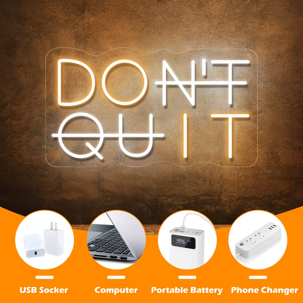 Don't Quit LED Neon Sign for Wall Decor, DO IT Neon Lights Party Decorations, USB Powered Switch Neon Lights lighting adjustable for Office Room, Gym Room, Man Cave, Gamer Room DQ-Yellow&White