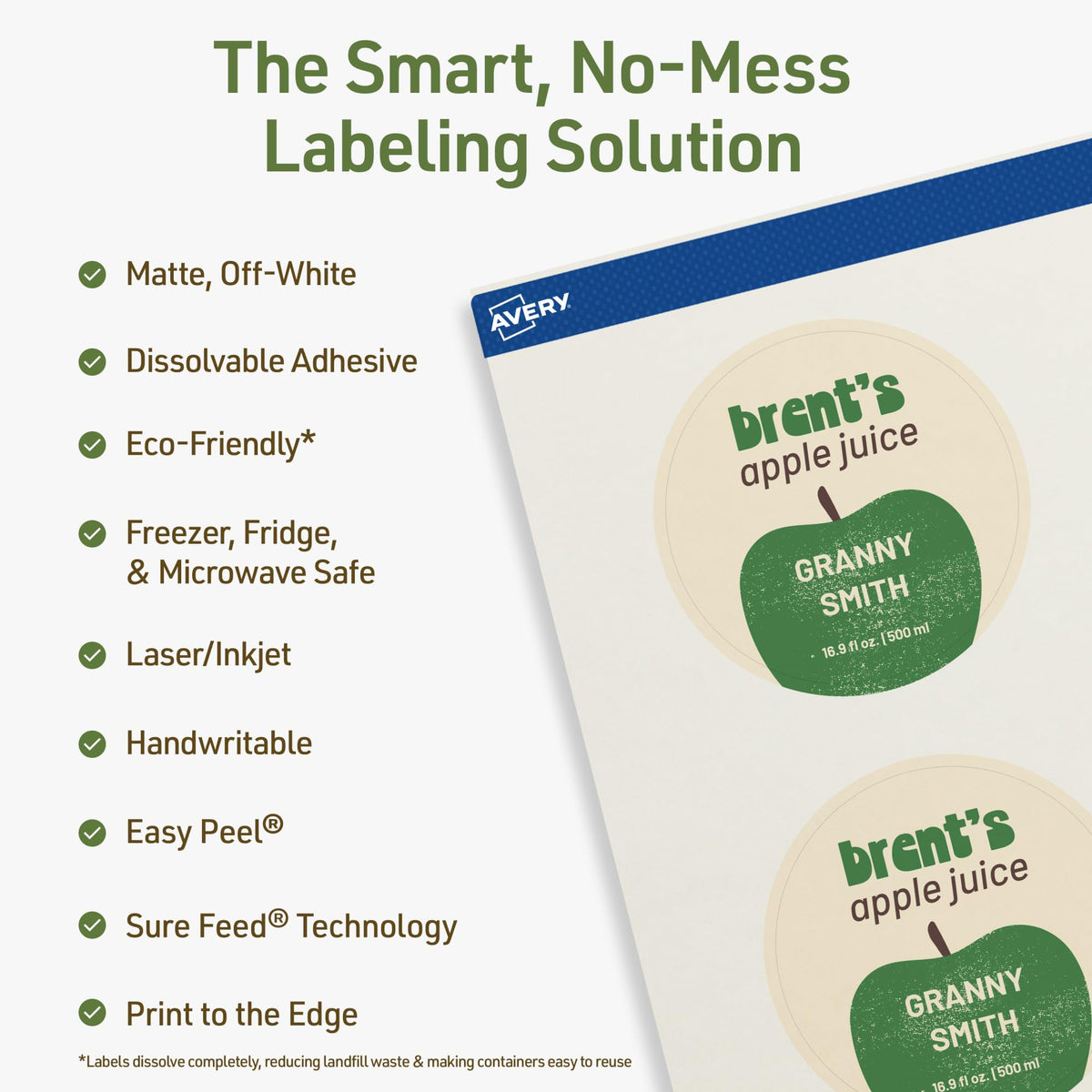 Avery Dissolvable Round Labels, Sure Feed Technology, 2.75" Diameter, Matte White, Print-to-The-Edge, Laser/Inkjet Printable, 60 Labels Total