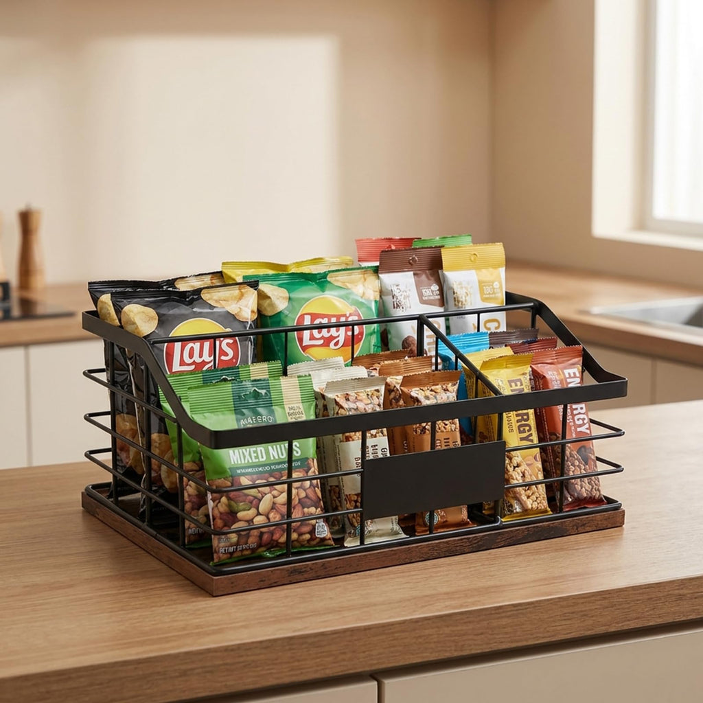 3-Compartment Metal Snack Organizer for Countertop, Snack Basket with Wooden Base and Pen, Chip and Candy Storage Bin for Kitchen Pantry and Snack Bar Station, Black
