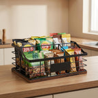 3-Compartment Metal Snack Organizer for Countertop, Snack Basket with Wooden Base and Pen, Chip and Candy Storage Bin for Kitchen Pantry and Snack Bar Station, Black