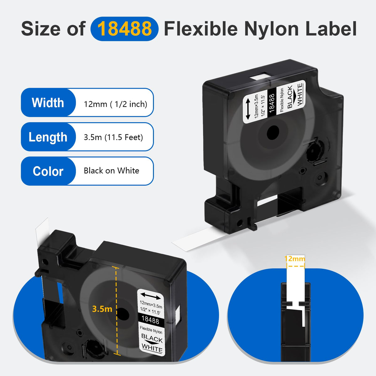 4 Pack Compatible with Dymo 18488 Rhino Industrial Flexible Nylon Labels, A18488 1/2" Black Print on White Tape Work with Rhino Pro 4200 5200 5000 6000 3000 Label Maker, 1/2in x 11.5ft (12mm x 3.5m) Black on White Flexible Nylon Tape 4