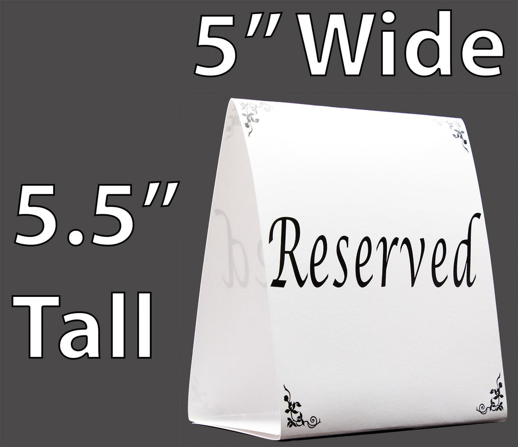 Freestanding Reserved Cards for Wedding Reception Tables, 20 Pk Black and White Design. Double-Sided 5x5.5 Table Tents Are Elegant, Versatile Event Decor for Banquet Hall, Ballroom, Party and Luncheon