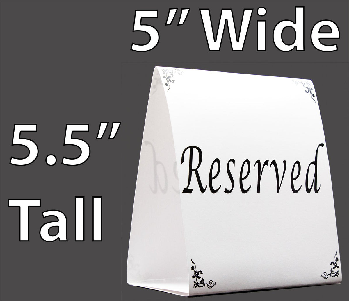 Freestanding Reserved Cards for Wedding Reception Tables, 20 Pk Black and White Design. Double-Sided 5x5.5 Table Tents Are Elegant, Versatile Event Decor for Banquet Hall, Ballroom, Party and Luncheon