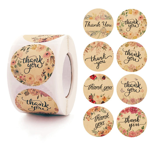 LaSiveo 1.5 inch Kraft Thank You Stickers 500 pcs Flower Patterns Round Labels Tags with 8 Designs Sealing Stickers Roll for Business Boutiques Retailers Envelope Mails, S