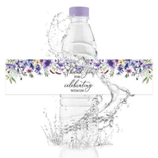 Water Bottle Labels, 50Pcs Purple Flowers Thank You for Celebrating with Us Waterproof Bottle Sticker for Wedding Birthday Graduation Baby Shower