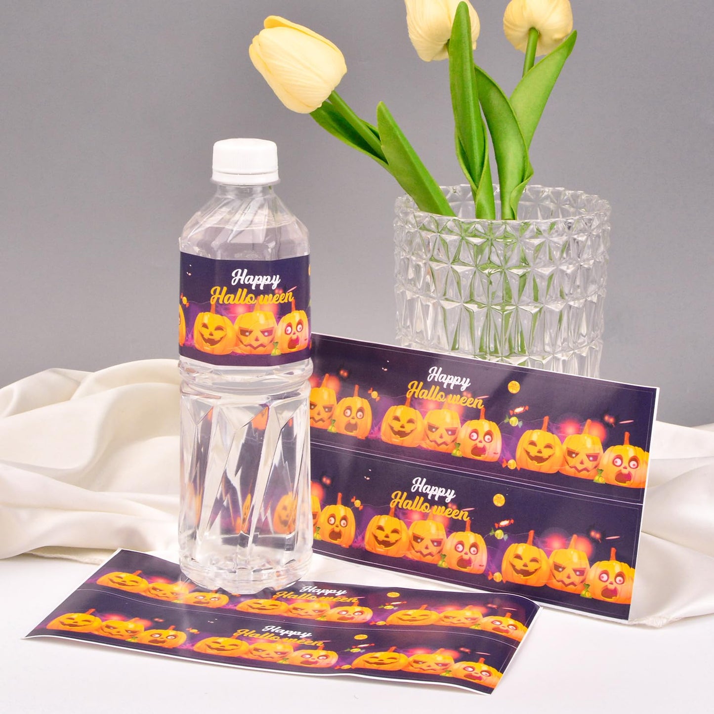 Happy Halloween Water Bottle Labels, 50Pcs Pumpkin Halloween Wraps Sticker Halloween Labels for Party Halloween Drinking Water Bottle Label Purple