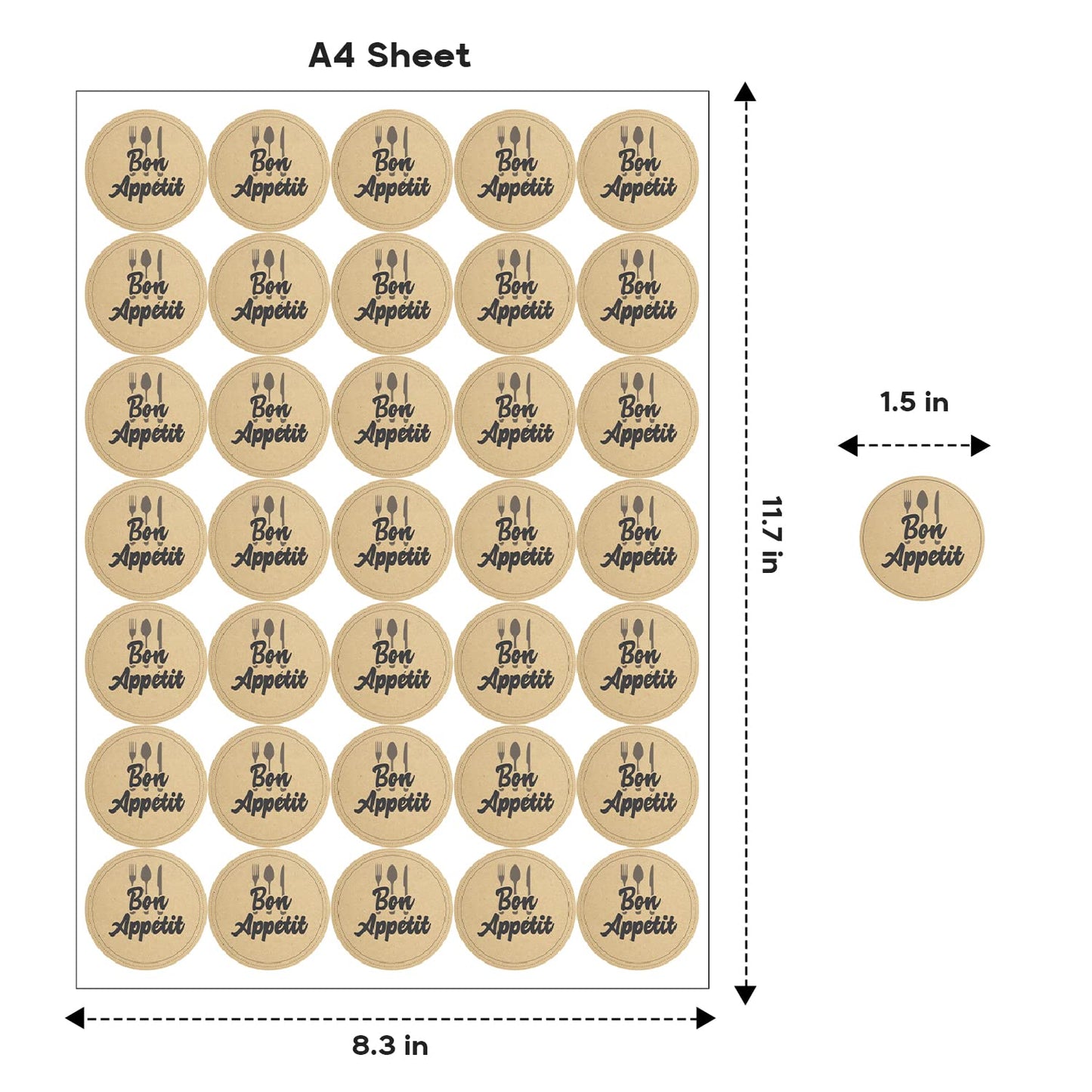 Bon Appétit A4 Sticker Sheet |3 Sheets - 105 Counts | 1.5 Inch | Adhesive Stickers | Shipping Bags, Packaging, Labels, Round, Envelopes, Boutique, Mail, Stamp | Small Business Supplies | Kraft Paper 3 Sheets