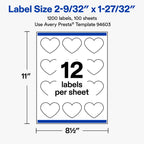 Avery Matte White Heart Labels, Sure Feed Technology, 2-9/32" x 1-27/32", 1,200 Matte White Printable Labels 1,200 labels