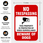 Beware of Dog Sign, No Trespassing Sign, Video Surveillance Sign, Aluminum 12x18