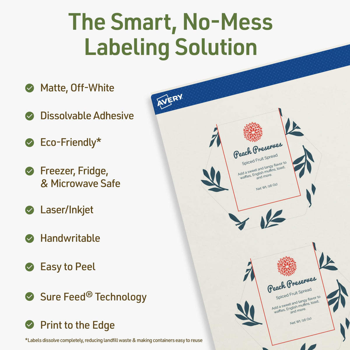 Avery Dissolvable Hexagon Labels, Sure Feed Technology, 2-1/2" x 2-57/64", Matte White, Print-to-The-Edge, Laser/Inkjet Printable, 60 Labels Total