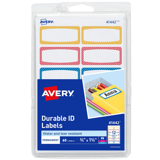 Avery(R) Durable Labels for Kids' Gear, 3/4" x 1-3/4", Assorted Border Colors, Water-Resistant Labels, 60 Rectangle Labels Total (41442) 1 Pack