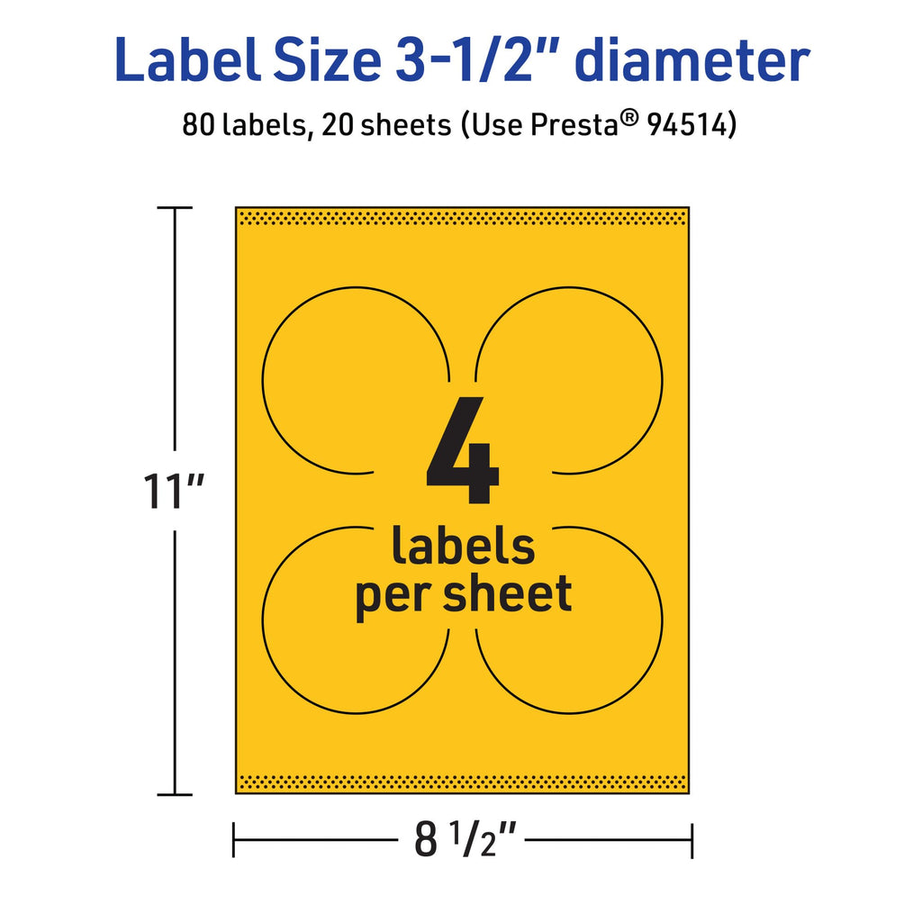 Avery® Printable Round Labels, Sure Feed® Technology, 3-1/2" Diameter, Bright Yellow Labels, Print-to-The-Edge, Laser/Inkjet Printable, 80 Total, Great for Packaging and Candles 80 labels