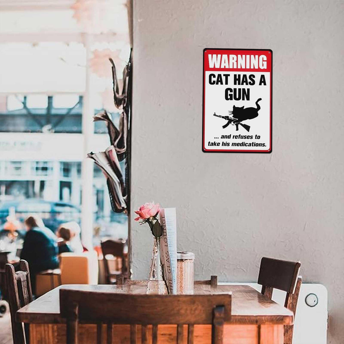 Warning Cat Has A Gun And Refuses To Take His Medications - Funny Cat Lover Humor Sign for Man Cave, Cat Owner’s Home, Bar 8x12 Inch Aluminum Metal Sign red