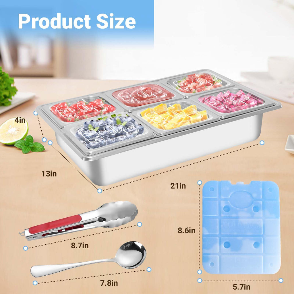Countertop Ice Food Serving Display Tray with 6 Pan, Portable Salad Bar Buffet Station for Home, Cold Food Buffet Tray, Keep Food Cold Outdoor Buffet, Pizza Topping Station Cooling Trays for Food