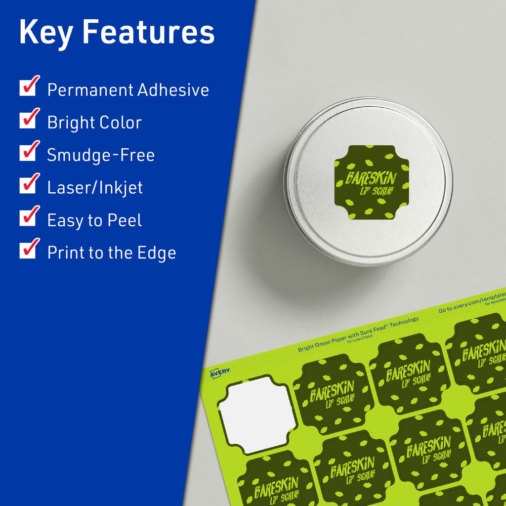 Avery® Printable Square Scalloped Labels, Sure Feed® Technology, 1-5/8" x 1-5/8", Bright Green Labels, Print-to-The-Edge, Laser/Inkjet Printable, 400 Total, Great for Cosmetics and Jars 400 labels