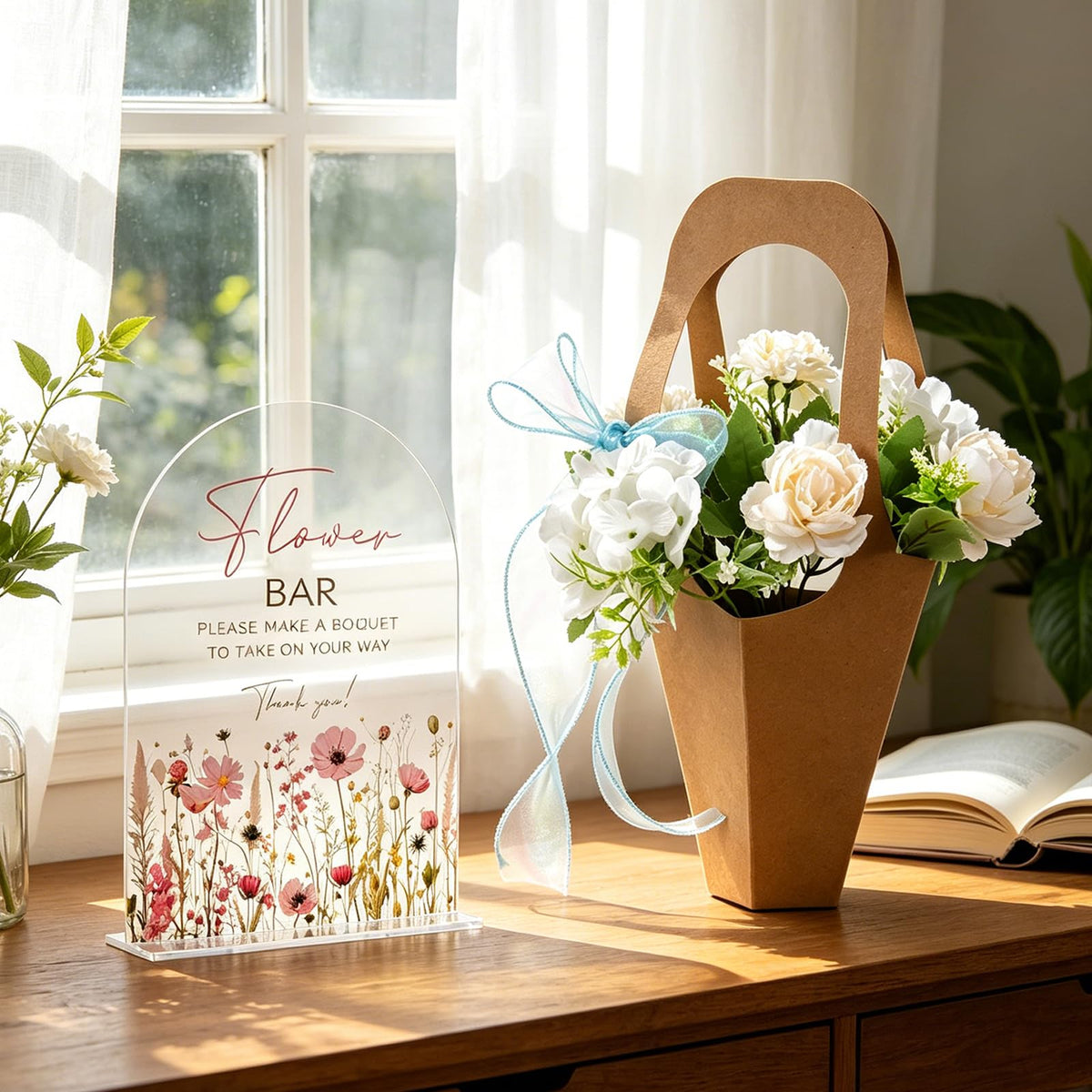 Flower Bar Supplies Set for Floral Bloom Decor Include Acrylic Flower Bar Sign Bouquet Wrapping Gift Bags Chiffon Ribbon and Garden Scissors, Applicable to Wedding Bridal Baby Shower Birthday Party