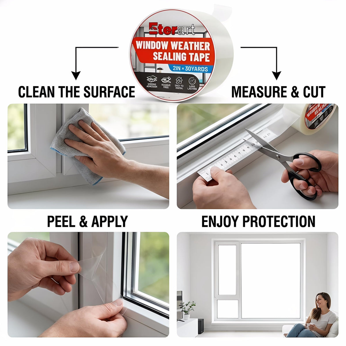 ETERART Transparent Weatherproof Seal Tape 2" x30Yds - Heavy Duty Waterproof Adhesive for Winter Drafts & Rain Leaks, No-Residue Weather Stripping for RVs, Windows, Doors & Renters 2" x 30 Yards