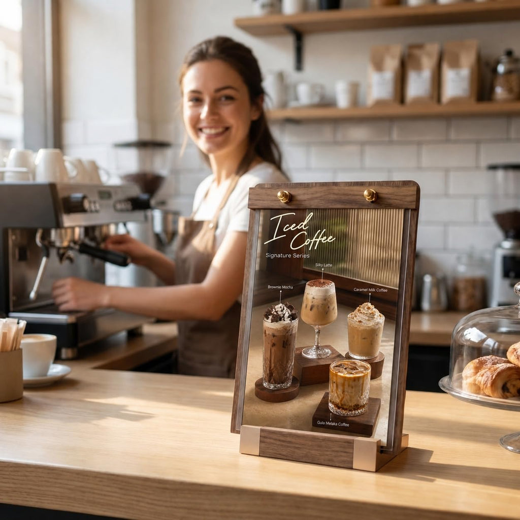 1 Pack Classy Sign Holder 8.5 x 11 with Slanted Wooden Base, Vertical Countertop Menu Display Stand for Coffee Shop, Bakery, Retail, Wedding 8.5x11, 1 Pack